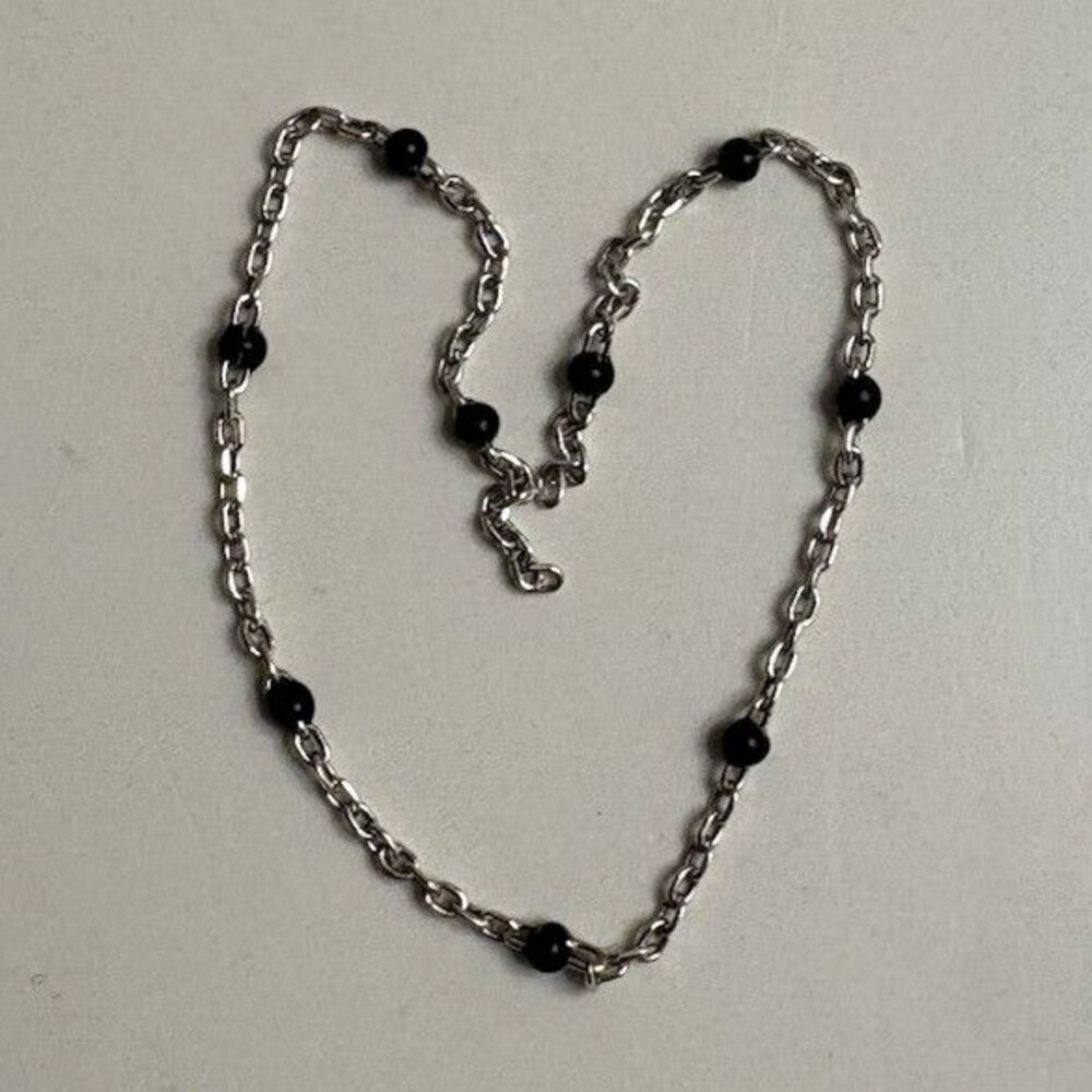 Silver Tone Metal Cable Chain Bracelet with Black Bead Stations Beaded